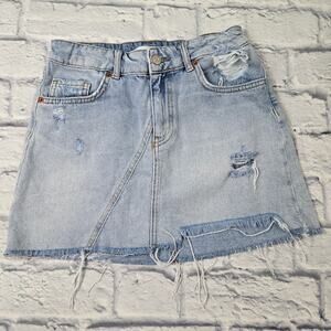 Zara Denim Mini Skirt Distressed Ripped Frayed Hidden Elastic Waistband sz 11/12